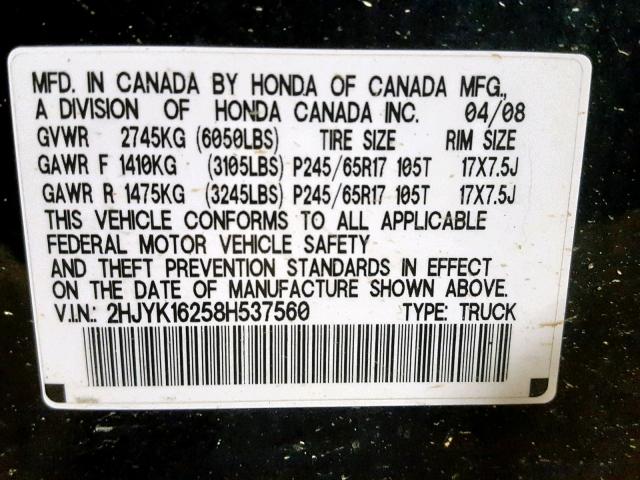 2HJYK16258H537560 - 2008 HONDA RIDGELINE BLACK photo 10