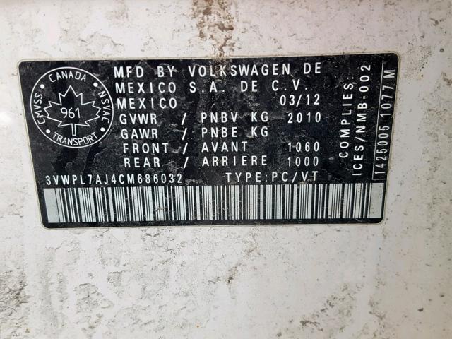 3VWPL7AJ4CM686032 - 2012 VOLKSWAGEN GOLF WHITE photo 10