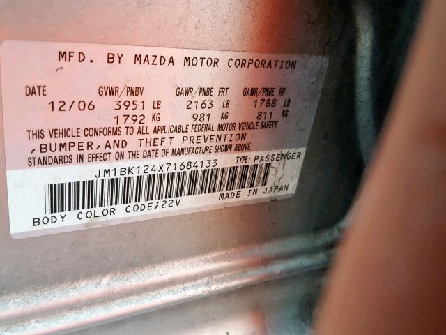 JM1BK124X71684133 - 2007 MAZDA 3 S SILVER photo 10