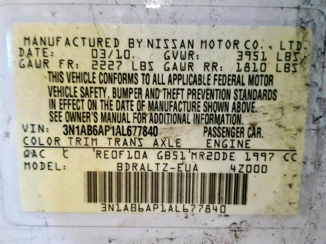 3N1AB6AP1AL677840 - 2010 NISSAN SENTRA 2.0 WHITE photo 10