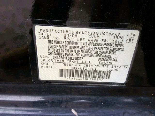 3N1AB61E88L760397 - 2008 NISSAN SENTRA 2.0 BLACK photo 10