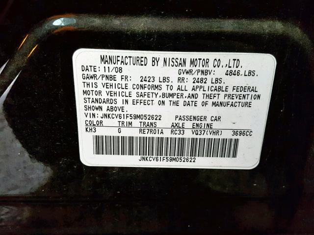 JNKCV61F59M052622 - 2009 INFINITI G37 BLACK photo 10