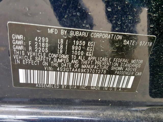 4S3GTAA69K3701278 - 2019 SUBARU IMPREZA BLUE photo 10