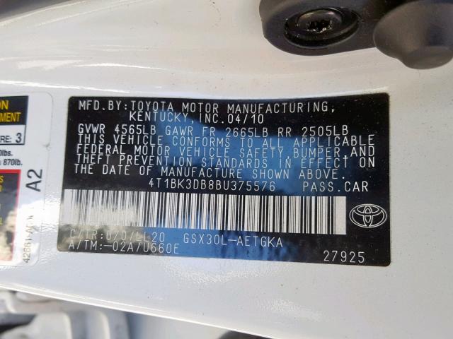 4T1BK3DB8BU375576 - 2011 TOYOTA AVALON BAS Ақ фото 10