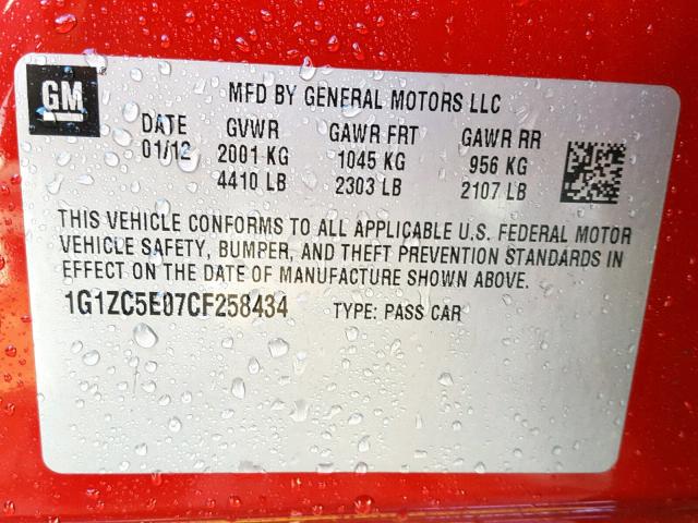 1G1ZC5E07CF258434 - 2012 CHEVROLET MALIBU 1LT RED photo 10