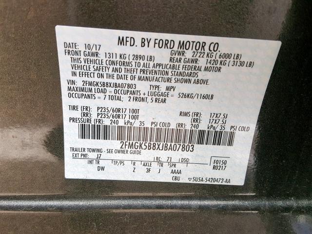 2FMGK5B8XJBA07803 - 2018 FORD FLEX SE CHARCOAL photo 10