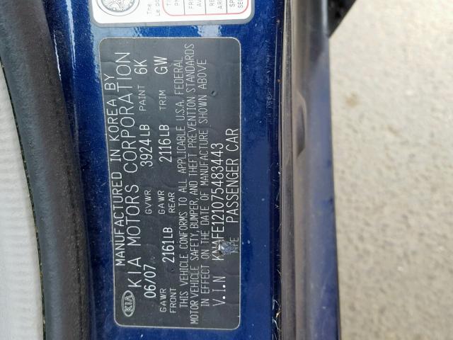 KNAFE121075483443 - 2007 KIA SPECTRA EX BLUE photo 10