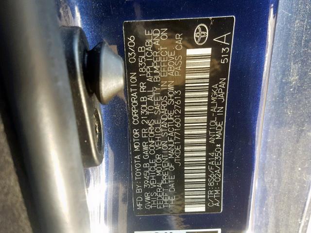 JTKDE177160127613 - 2006 TOYOTA SCION TC 蓝色 照片 10