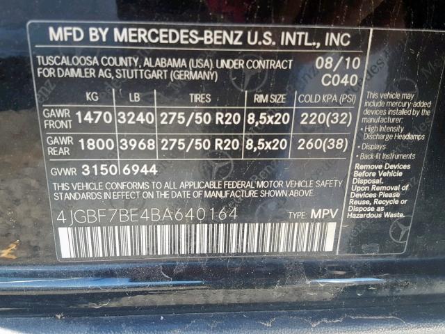 4JGBF7BE4BA640164 - 2011 MERCEDES-BENZ GL 450 4MA BLACK photo 10