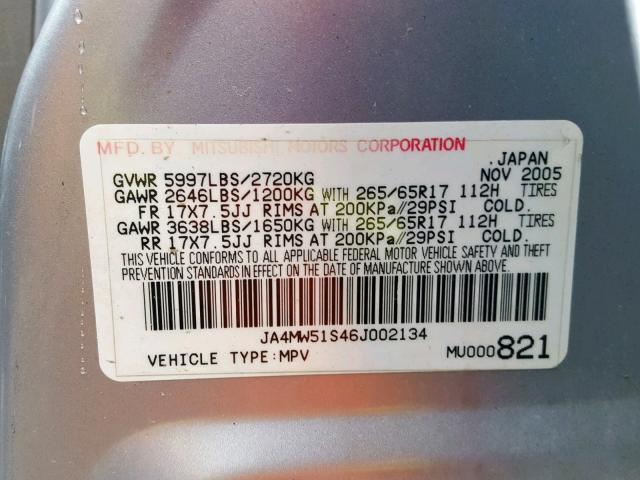 JA4MW51S46J002134 - 2006 MITSUBISHI MONTERO LI SILVER photo 10