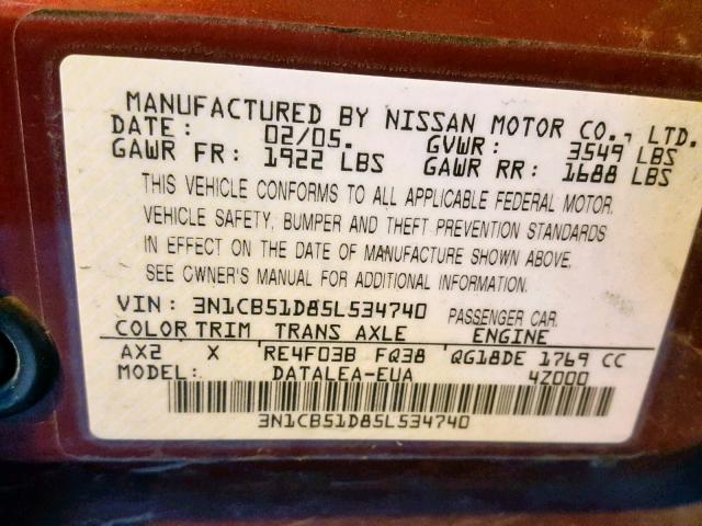 3N1CB51D85L534740 - 2005 NISSAN SENTRA 1.8 MAROON photo 10