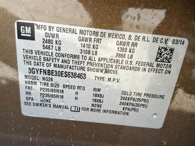 3GYFNBE30ES638463 - 2014 CADILLAC SRX LUXURY 棕色 照片 10