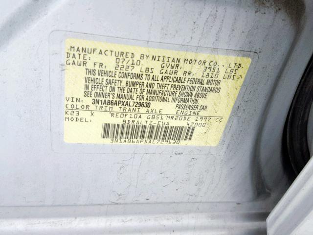 3N1AB6APXAL729630 - 2010 NISSAN SENTRA 2.0 SILVER photo 10