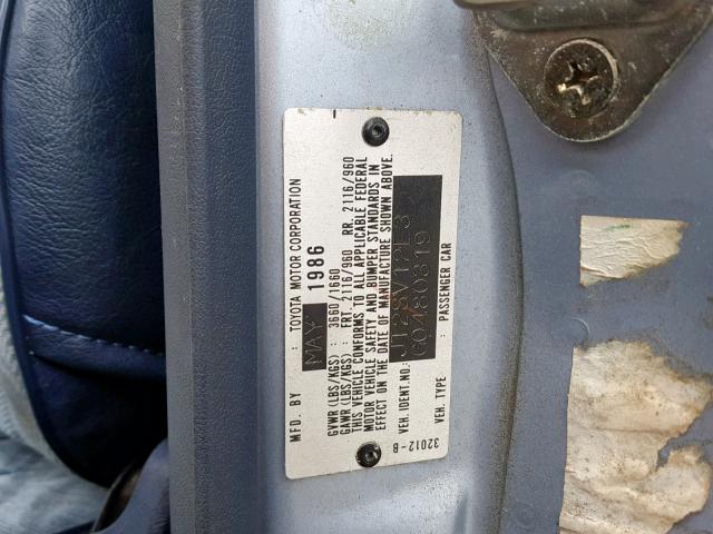 JT2SV12E3G0480319 - 1986 TOYOTA CAMRY DLX 蓝色 照片 10