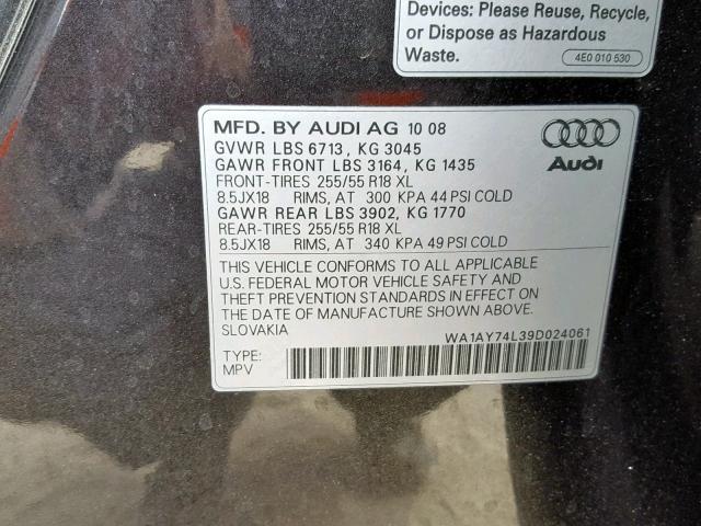 WA1AY74L39D024061 - 2009 AUDI Q7 3.6 QUA GRAY photo 10