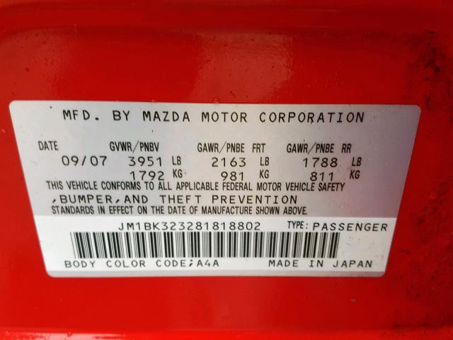 JM1BK323281818802 - 2008 MAZDA 3 S RED photo 10