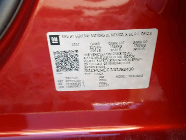 3GCPCREC3JG262430 - 2018 CHEVROLET SILVERADO RED photo 10