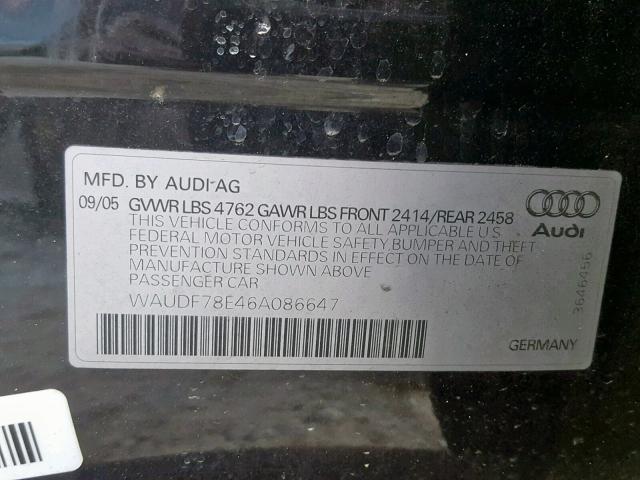 WAUDF78E46A086647 - 2006 AUDI A4 2.0T QU BLACK photo 10