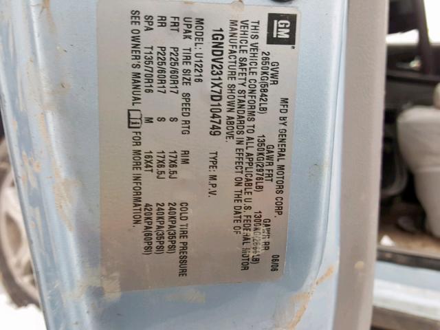 1GNDV231X7D104749 - 2007 CHEVROLET UPLANDER L Mavi foto 10