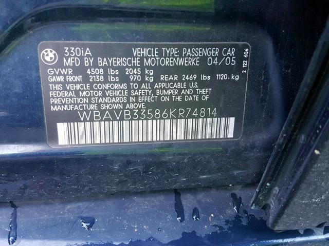 WBAVB33586KR74814 - 2006 BMW 330 I BLUE photo 10