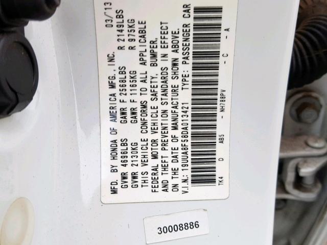 19UUA8F58DA013421 - 2013 ACURA TL TECH WHITE photo 10