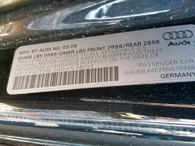 WAUML44E25N015998 - 2005 AUDI A8 L QUATT BLACK photo 10