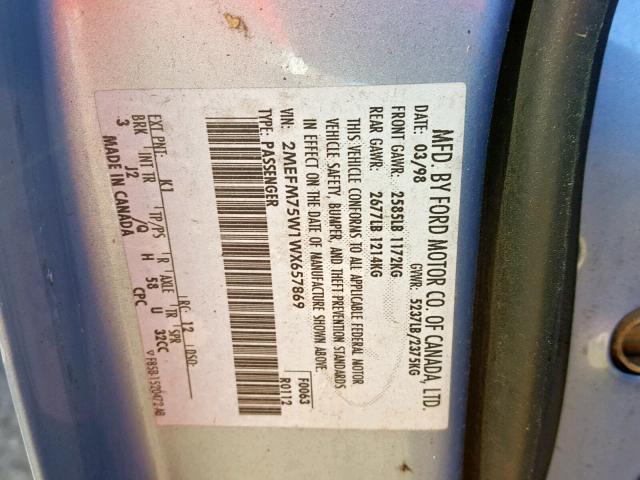 2MEFM75W1WX657869 - 1998 MERCURY GRAND MARQ BLUE photo 10