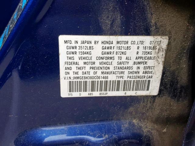 JHMGE8H38DC061466 - 2013 HONDA FIT BLUE photo 10