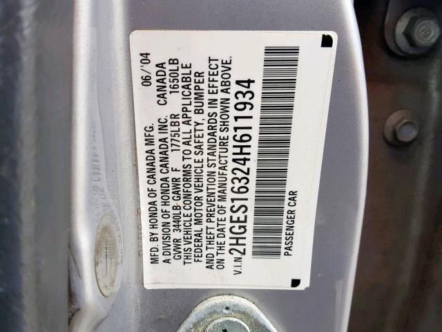 2HGES16324H611934 - 2004 HONDA CIVIC DX V SILVER photo 10