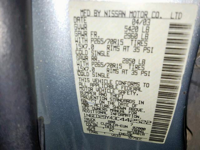 1N6ED29Y43C442522 - 2003 NISSAN FRONTIER C SILVER photo 10