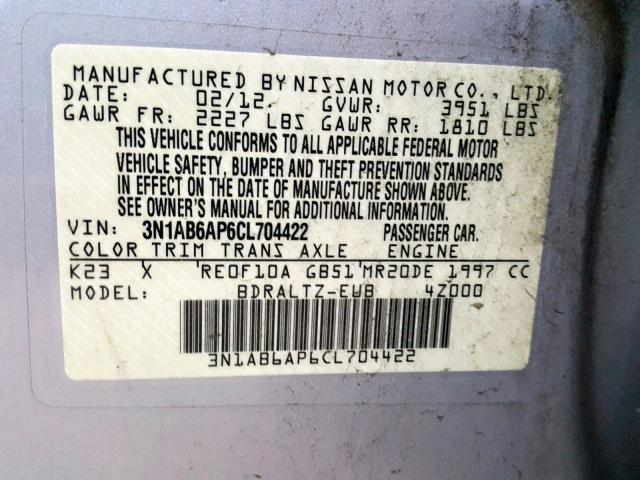 3N1AB6AP6CL704422 - 2012 NISSAN SENTRA 2.0 SILVER photo 10