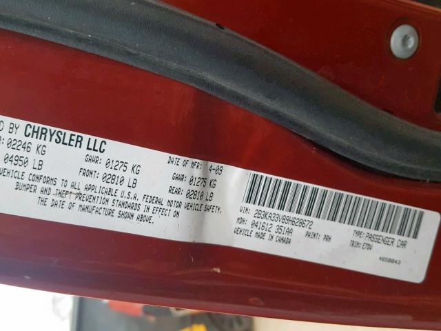 2B3KA33V89H628672 - 2009 DODGE CHARGER SX RED photo 10