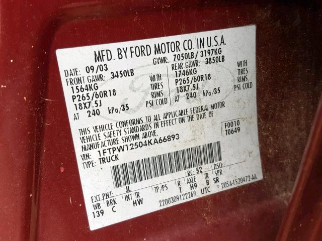 1FTPW12504KA66893 - 2004 FORD F150 SUPER RED photo 10