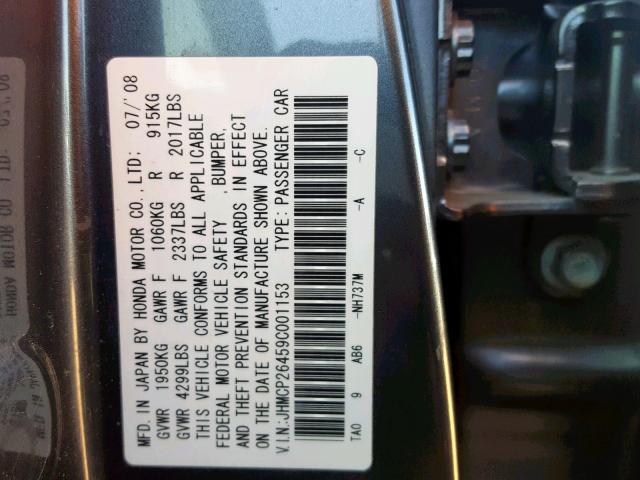 JHMCP26459C001153 - 2009 HONDA ACCORD LXP GRAY photo 10