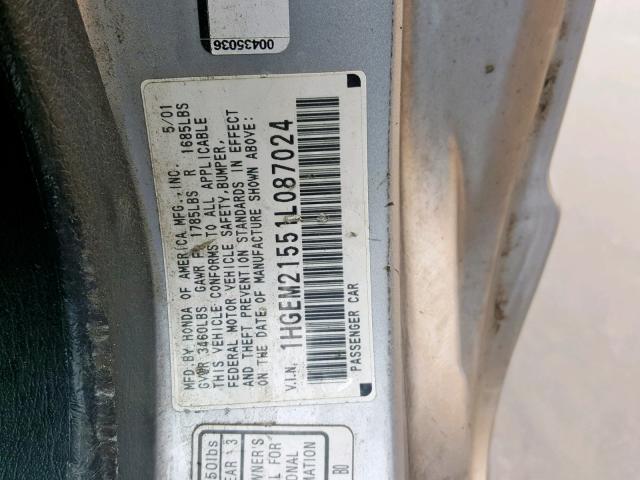 1HGEM21551L087024 - 2001 HONDA CIVIC LX 银色 照片 10