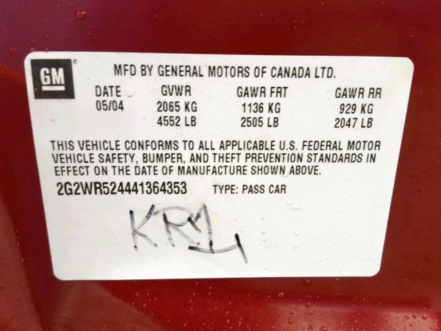 2G2WR524441364353 - 2004 PONTIAC GRAND PRIX RED photo 10