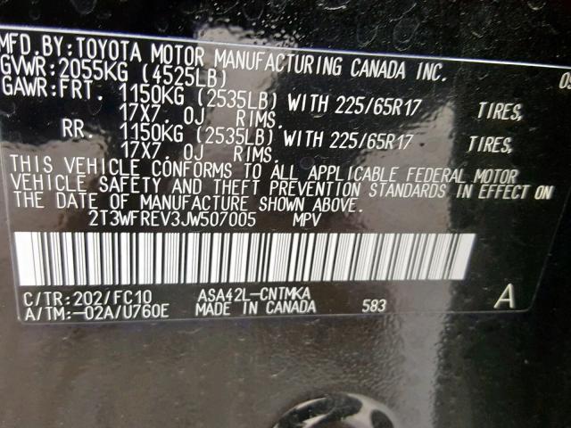 2T3WFREV3JW507005 - 2018 TOYOTA RAV4 ADVEN BLACK photo 10