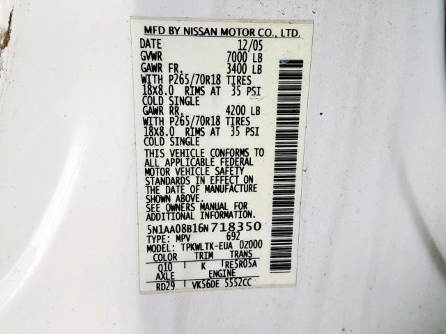 5N1AA08B16N718350 - 2006 NISSAN ARMADA SE WHITE photo 10