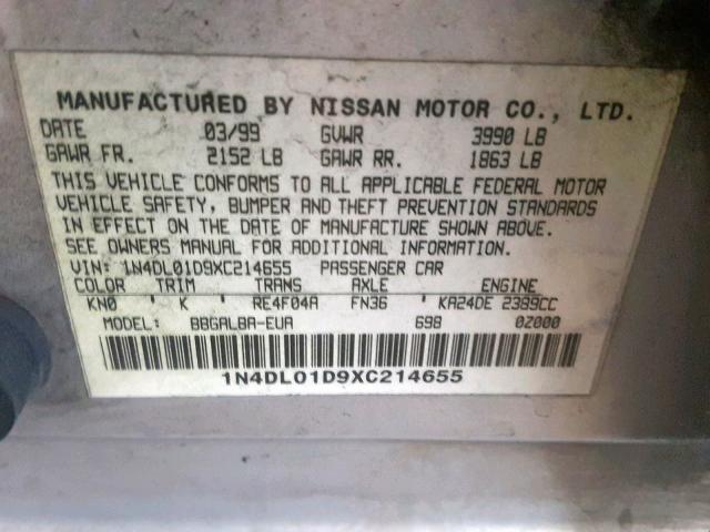 1N4DL01D9XC214655 - 1999 NISSAN ALTIMA XE SILVER photo 10