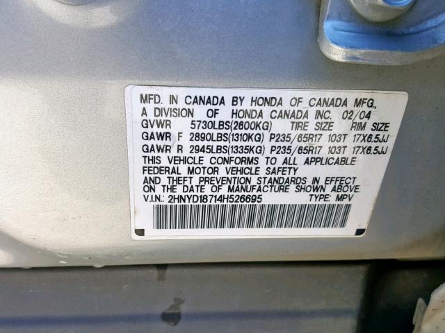 2HNYD18714H526695 - 2004 ACURA MDX TOURIN SILVER photo 10