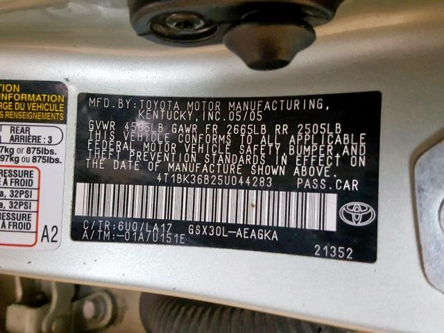 4T1BK36B25U044283 - 2005 TOYOTA AVALON XL GREEN photo 10