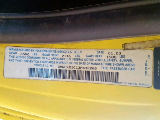 3VWCK21C13M432266 - 2003 VOLKSWAGEN NEW BEETLE 黄色 照片 10