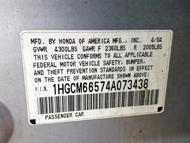 1HGCM66574A073438 - 2004 HONDA ACCORD EX SILVER photo 10