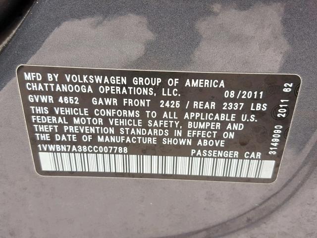 1VWBN7A38CC007788 - 2012 VOLKSWAGEN PASSAT SE GRAY photo 10