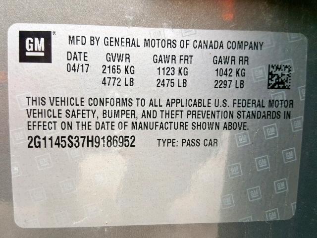 2G1145S37H9186952 - 2017 CHEVROLET IMPALA PRE GRAY photo 10