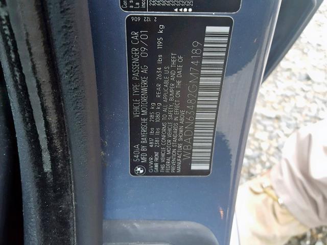 WBADN63482GM74189 - 2002 BMW 540 I AUTO BLUE photo 10