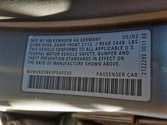 WVWUK63B83P040320 - 2003 VOLKSWAGEN PASSAT W8 GRAY photo 10