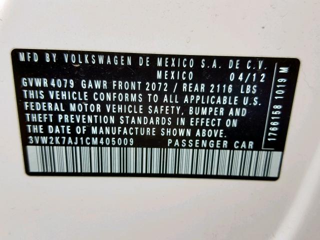 3VW2K7AJ1CM405009 - 2012 VOLKSWAGEN JETTA BASE WHITE photo 10