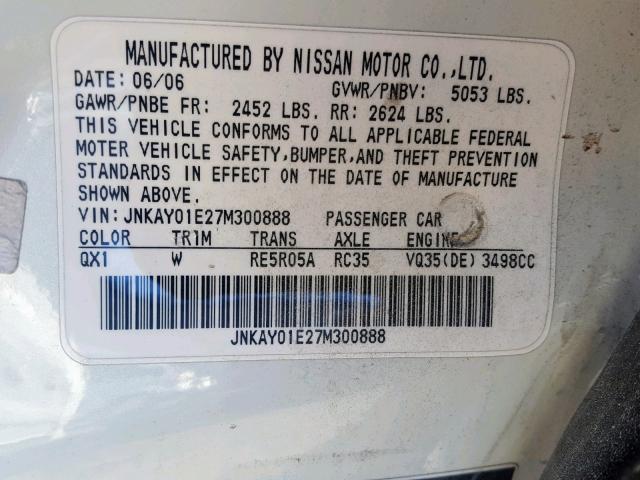 JNKAY01E27M300888 - 2007 INFINITI M35 BASE WHITE photo 10