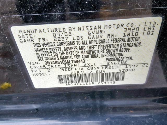 3N1AB61E68L759443 - 2008 NISSAN SENTRA 2.0 BLACK photo 10